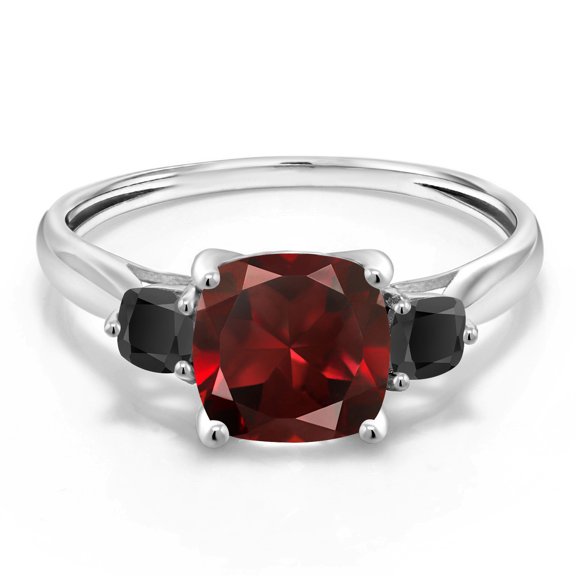 Gem Stone King 10K White Gold Red Garnet and Black Onyx 3 Stone Engagement Ring for Women (2.11 Cttw, Cushion 7MM, Gemstone January Birthstone, Size 5)