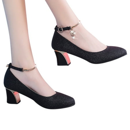 Oyedens Women High Heels Dress Shoes Glitter Silver Gold Chunky Block Mid Heels Formal Dressy Pump Shoes For Bride Wedding Party