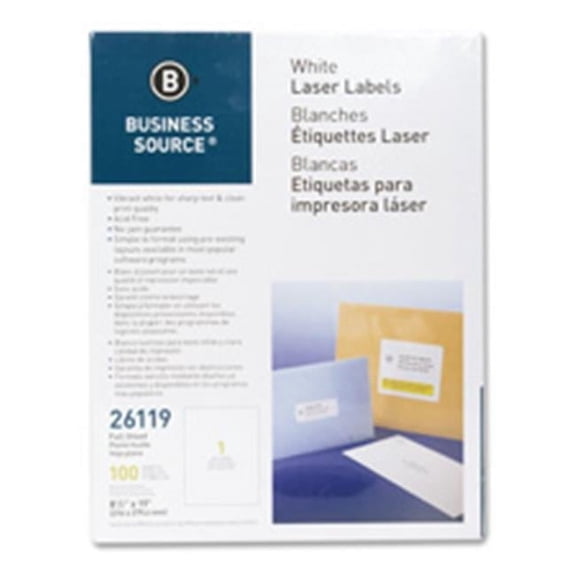 Business Source Mailing Labels, Full Sheet, Laser 8.5 in. x 11 in., 100-PK, White