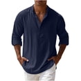 thumbnail image 2 of CQONEPT Big and Tall Mens Linen Shirt Long Sleeve Tunic V Neck Casual Soft Breathable Lightweight Casual Tee Outdoor Pullover Navy XL, 2 of 6
