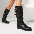 thumbnail image 4 of Slouch Wide Mid Calf Combat Boots for Women Vintage Leather Buckles Low Heel Winter Fall Tall Riding Boots, 4 of 6