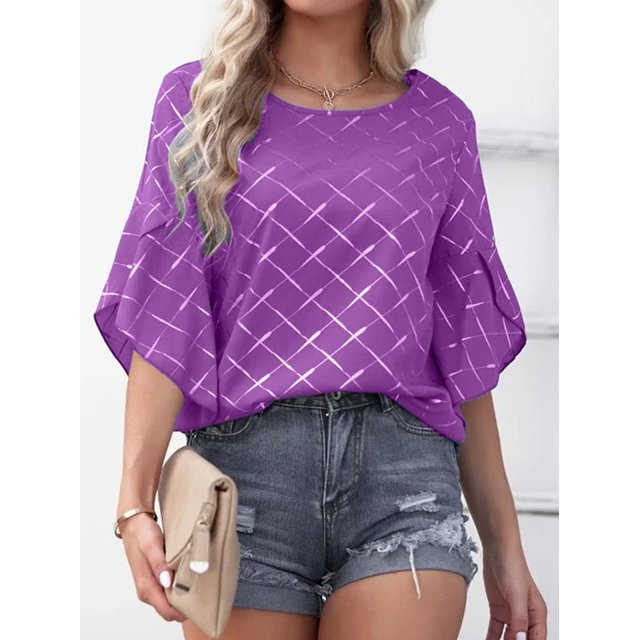 Tops de media manga con volantes para mujer, Camiseta holgada informal con cuello redondo, camisetas con estampado a cuadros a rayas para primavera y verano 2023