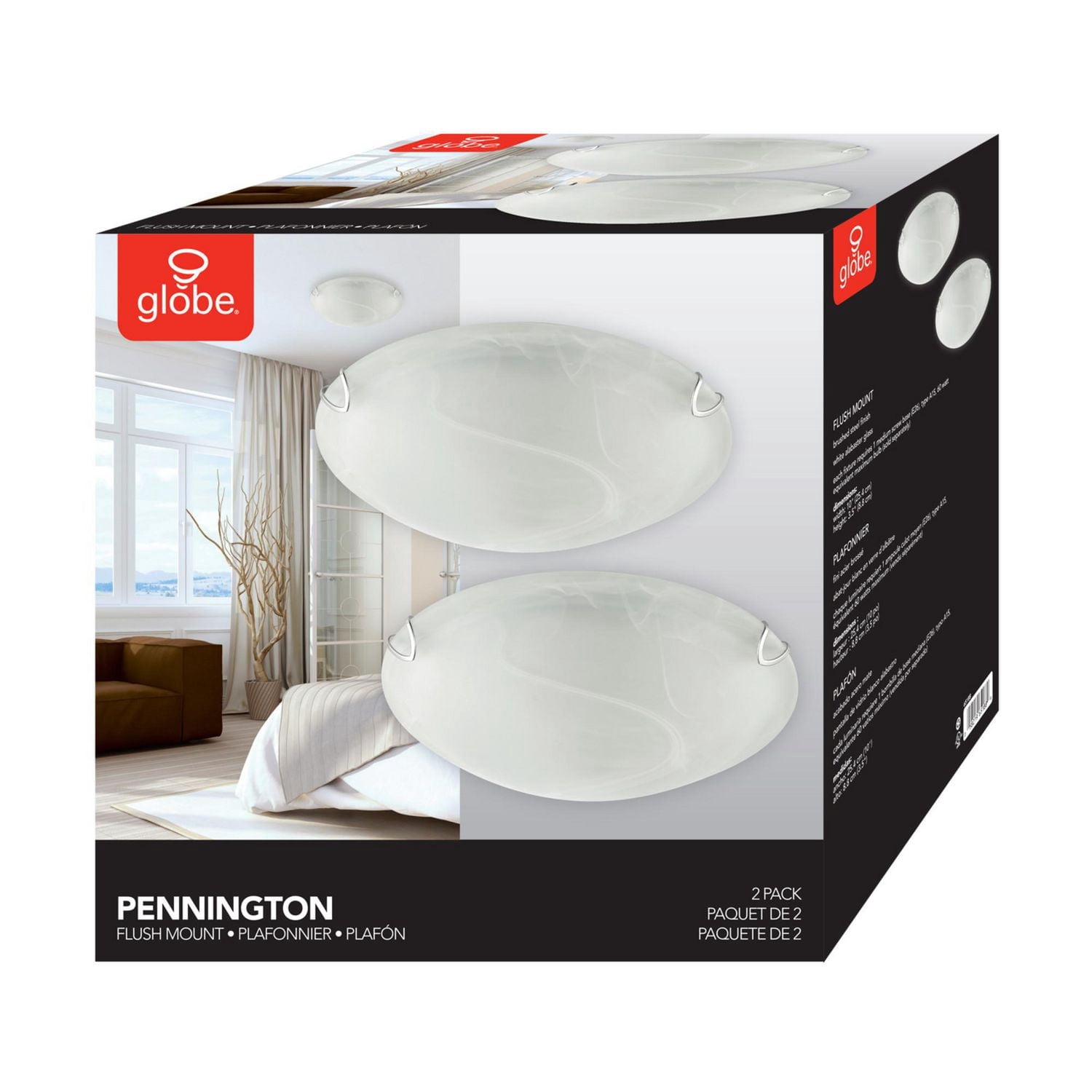 Plafonnier encastré 10" Pennington de Globe Electric, paquet de 2 unités, abat-jour en verre givré blanc d'albâtre, nécessite 2 ampoules A15 de 60W (vendues séparément).