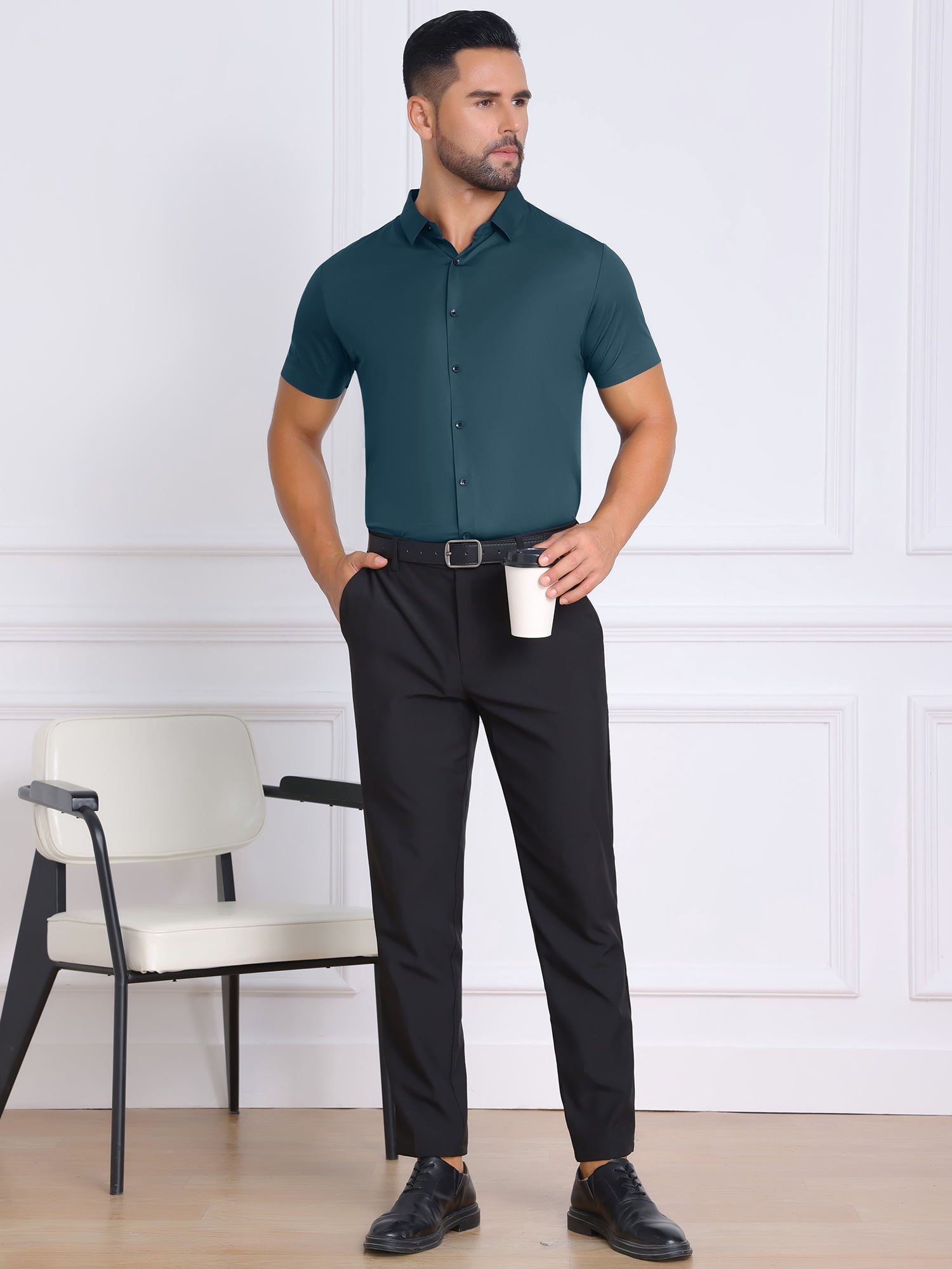 DARING DIVA Men's Button Down Point Collar Short Sleeve Business Dress Shirt M Green