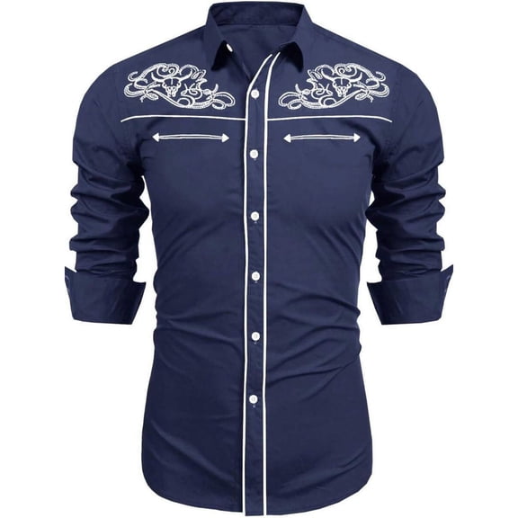 Mens Dress Shirts Western Cowboys Print Long Sleeve Button Lapel Top Casual Carnival Classic Comfortable Shirt for Men Navy XXXL