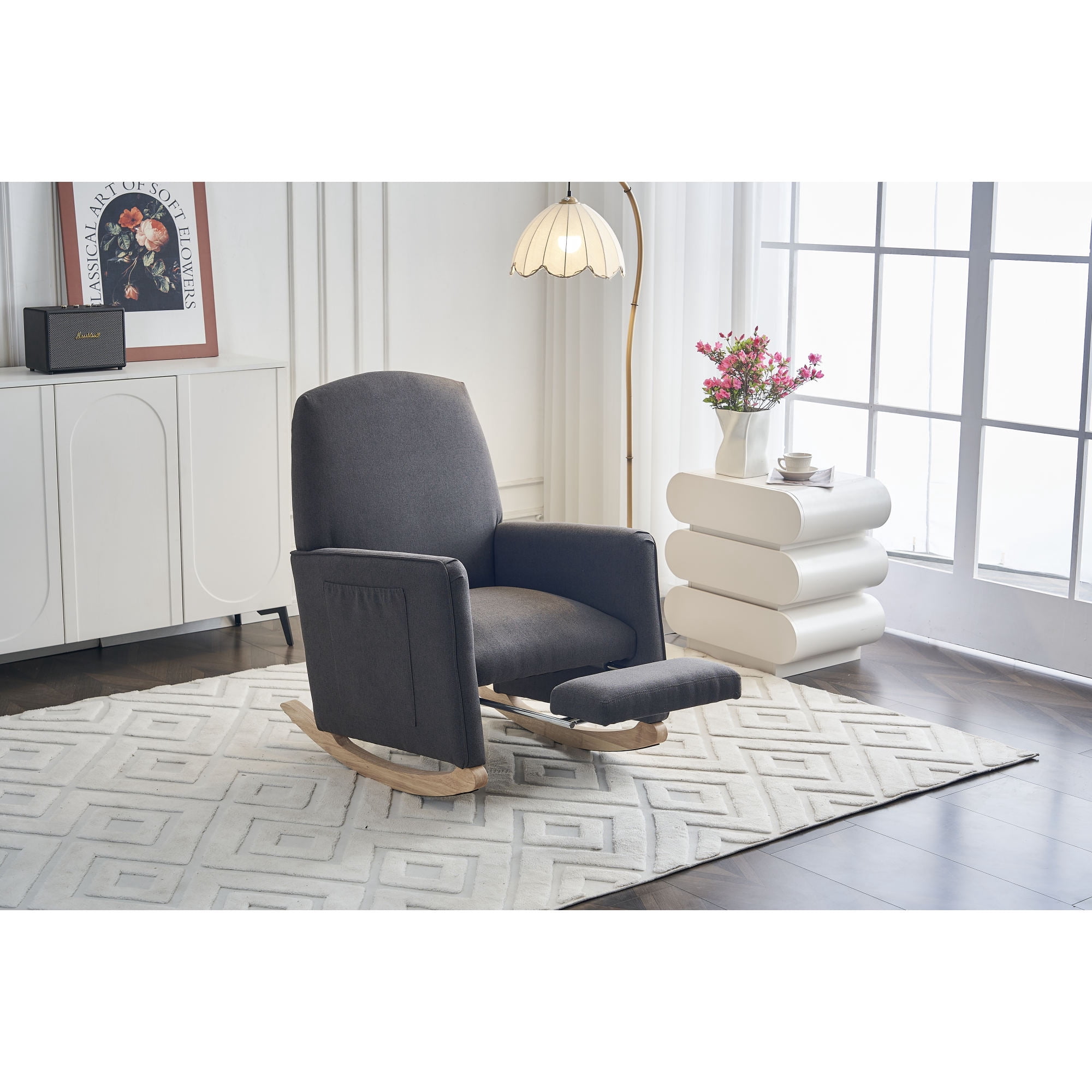 Leumius Nursery Rocking Chair,Cotton Linen Upholstered Glider Rocker Chair with Adjustable Footrest,Comfortable Rocker Recliner with Side Pocket for Living Room, Bedroom, Nursing Room,Dark Gray