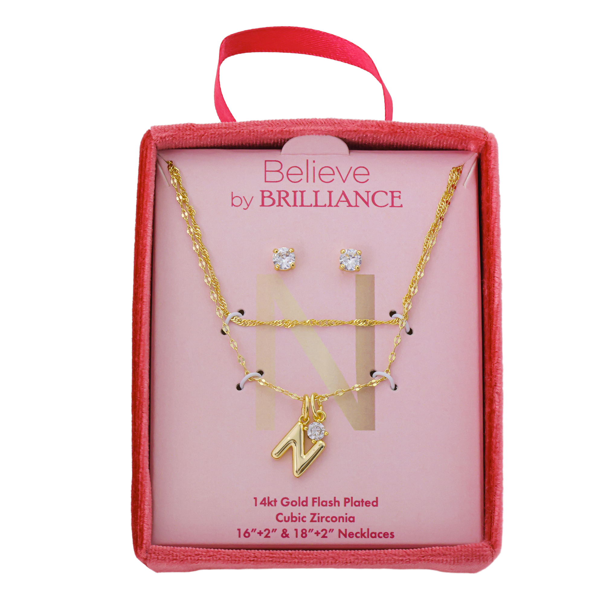 Believe by Brilliance Women's 14Kt Gold Flash Plated Initial N Slider Charm and Cubic Zirconia Charm Layered Necklace and Stud Earring Set, 16+2"/18+2"