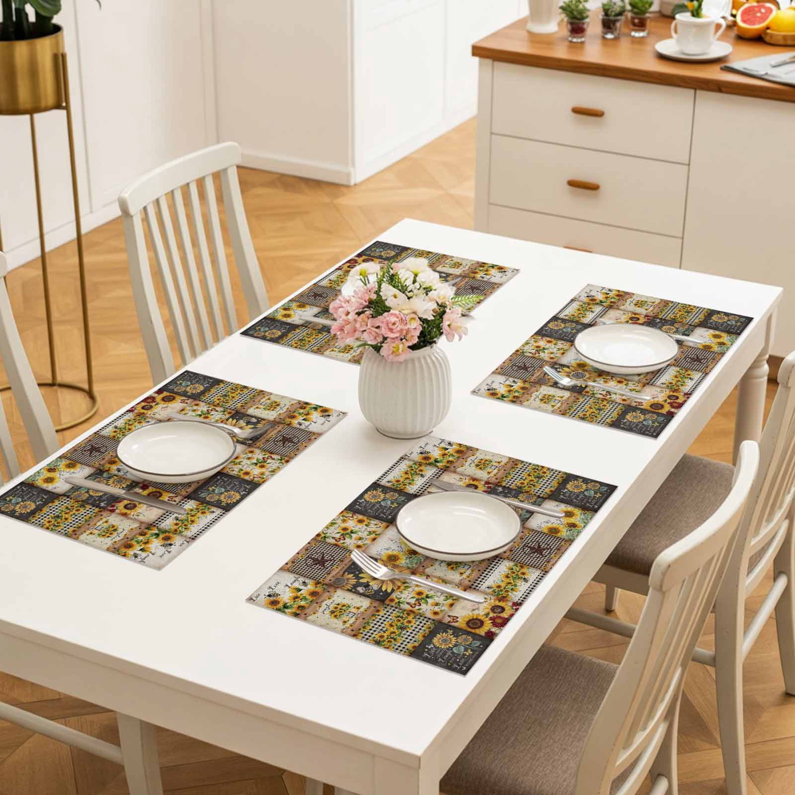 Sunflowers Placemats Set of 4, Farmhouse Vintage Western Texas Star Plaid Placemats for Dining Table, Place Mats for Kitchen Tabletop, Waterproof Wipeable Dining Table Mats Set