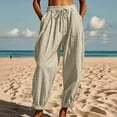 thumbnail image 5 of Lovskoo Women's Cotton And Linen Baggy Wide Leg Pants Elastic Waisted Casual Palazzo Harem Pants with Pockets Cropped Pants Beige, 5 of 9