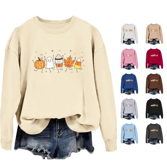 XIYON Womens Sweatshirts Halloween Pumpkin Ghost Print Sweatshirt Crewneck Long Sleeve Soft Cozy Pullover Everyday Comfort