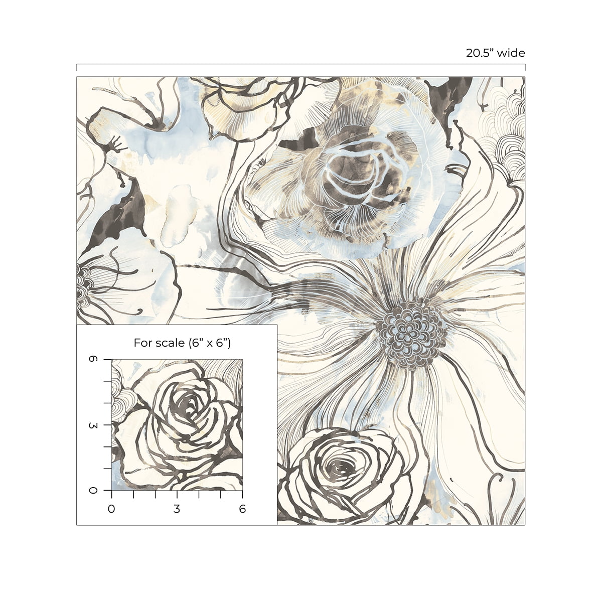 Harry & Grace Blue Mist & Stoneware Ink Rose Peel and Stick Wallpaper - 20.5 in. W x 18 ft. L Roll