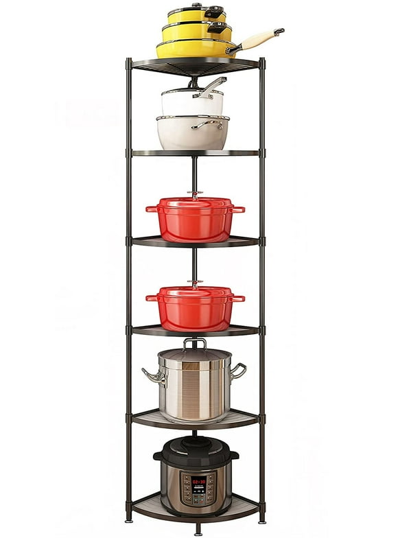 bimiti 6 Tier Kitchen Corner Pot Rack - 65" Height Triangular Storage  Shelf Steel Rack for Pans Pots and Kettles