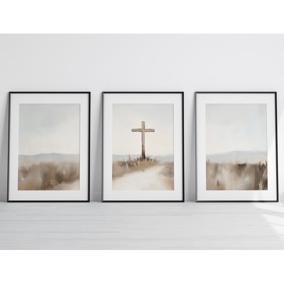 UNFFRAMED 3-Piece Christian Cross Wall Art, Faith-Based Decor, Minimalist Religious Artwork, Neutral Landscape Poster Set, Set 3 Prints 8x12