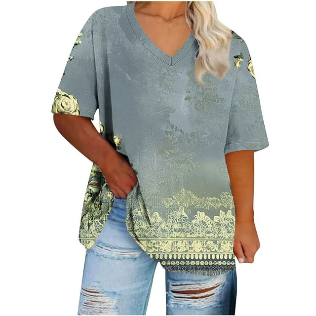 Tamaño Más Manga Corta Tops para la Impresión de Cuello en V de las Mujeres, Color Sólido Base de Verano Camiseta Casual