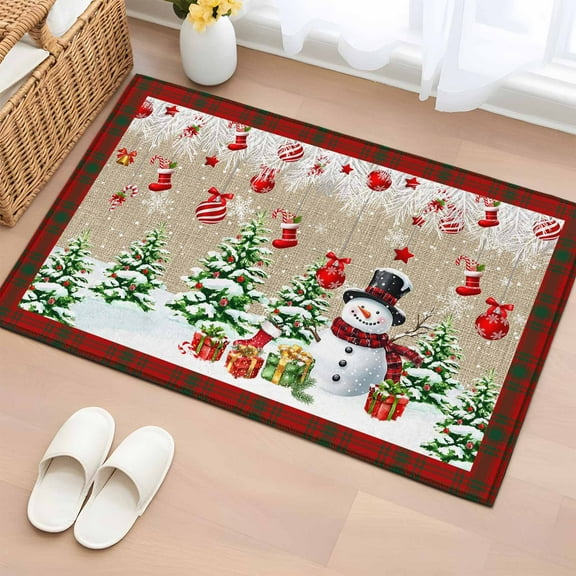 Christmas Bathroom Rug Washable 2x3 Entryway Rug Non Slip Xmas Snowman Balls Tree Gifts Red Plaid Front Door Mat Low Pile Indoor Doormat Throw Floor Carpet for Kitchen Bedroom Entrance