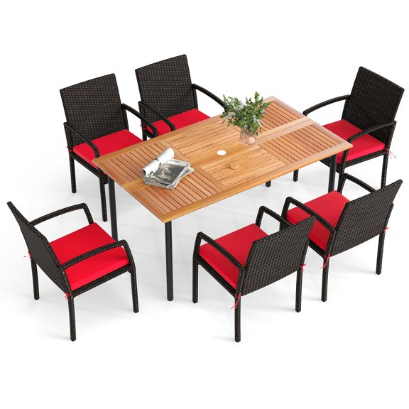 Patiojoy 7-Piece Patio Dining Set 63�� Rectangle Table w/ PE Rattan Chairs Acacia Wood Tabletop & Removable Cushions Red