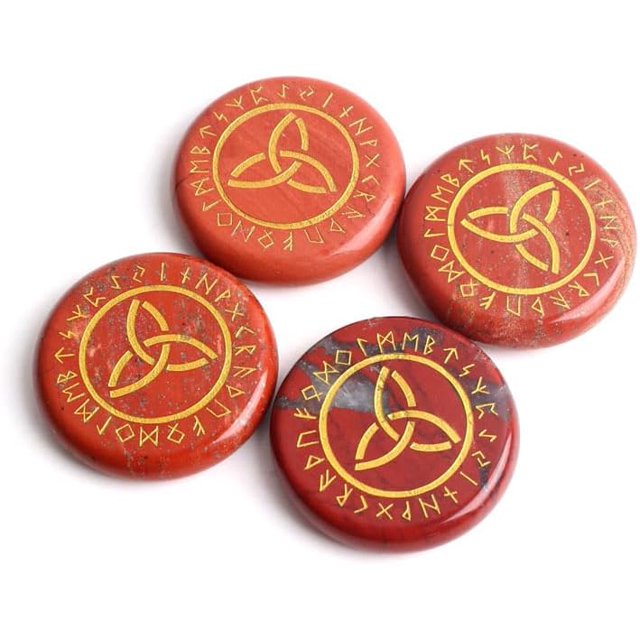 1Pc 4Cm Natural Aventurine Round Crystal Engraved Gold Runes Sliver Divination Symbols Stones Plate Gems Decor Reiki Healing - (Color: Gold Red Jasper; Size: 1Pc)