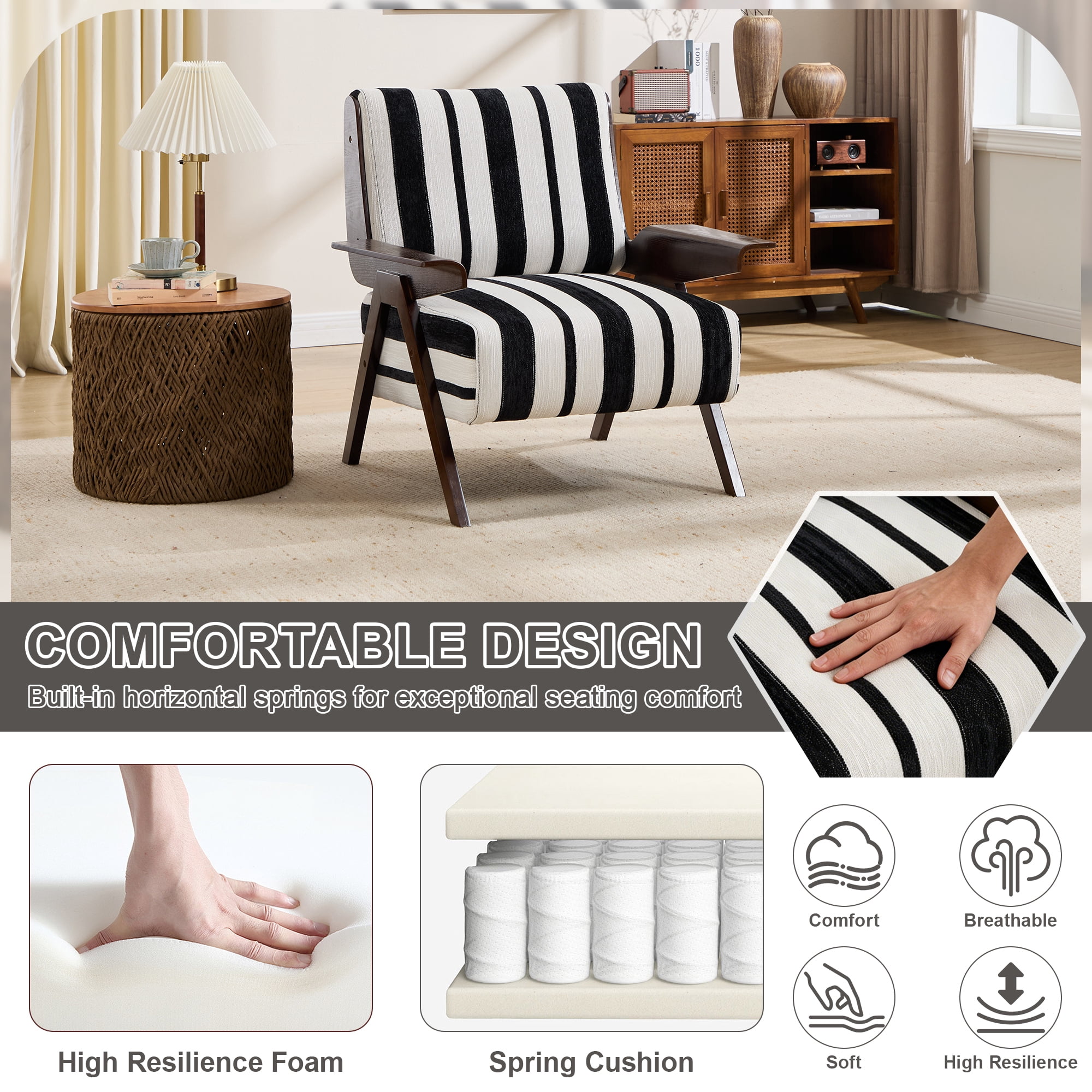 Leumius Modern Armchair with Widened Armrests Single Sofa Chair with Solid Wood Legs Comfortable Casual Reading Chair for Living Room, Bedroom, Office Black and White Stripes