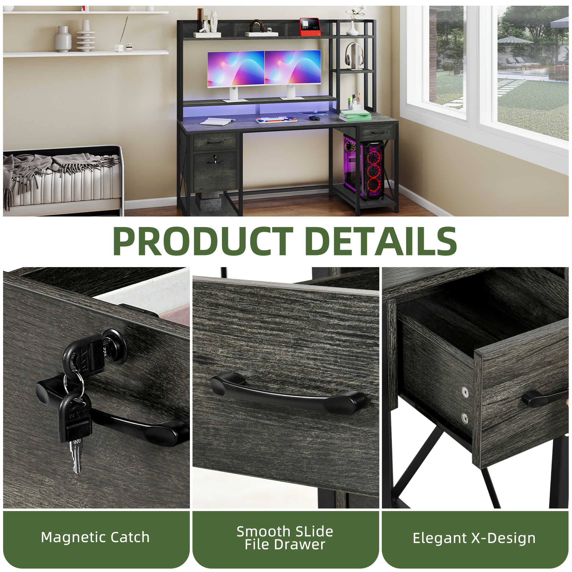 Uforic 59.1 Inch Rustic Brown Computer Desk with Hutch & Drawers with RGB LED Light Strip Multi-Shelf Storage with Sturdy Metal Frame, Gray