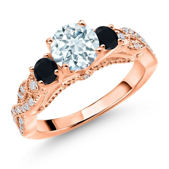 Gem Stone King 18K Rose Gold Plated Silver Sky Blue Aquamarine Black Onyx and White Moissanite Engagement Ring for Women (1.22 Cttw, Gemstone March Birthstone, Round 6MM and 3MM, Size 8)