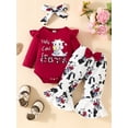 thumbnail image 2 of Suealasg Toddler Baby Girls Fall Outfit 3M 6M 9M 12M 18M Infant Long Sleeve Letters Print Romper +Cow Print Flare Pants +Headband 3PCS Spring Western Clothing Set, 2 of 9