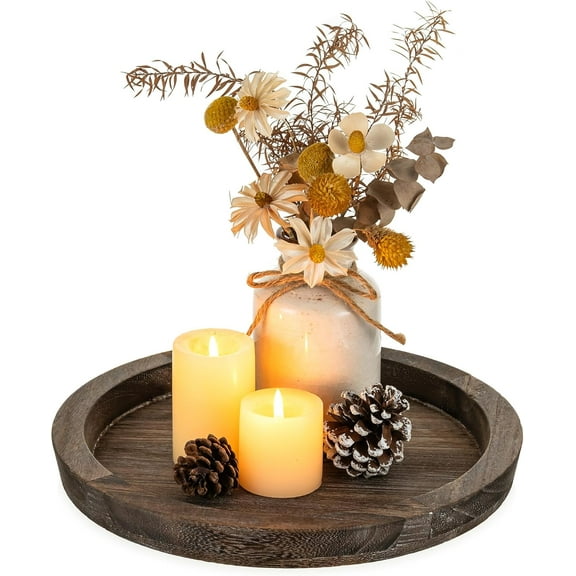 Wooden Tray for Coffee Table: Candle Holder Plate Round Decorative Serving Tray - Vintage Table Centerpiece Rustic Farmhouse Home Decor