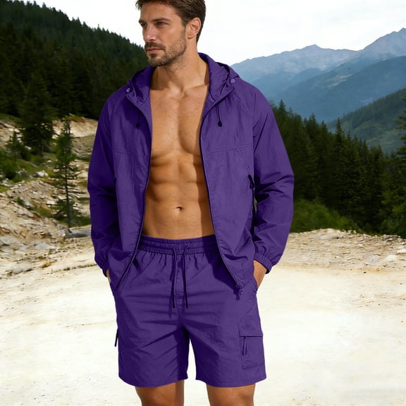 Maqroz Workout Sets for Men Plus Size Hoodie and Shorts Set Zip Up Lightweight Sunproof Jacket with Athletic Shorts Sportswear Casual Active Wear with Pockets