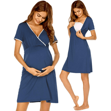 

Ekouaer Women 3 in 1 Delivery/Labor/Maternity/Nursing Nightgown Short Sleeve Pleated Breastfeeding Sleep Dress(S-XXL) Size:XXL