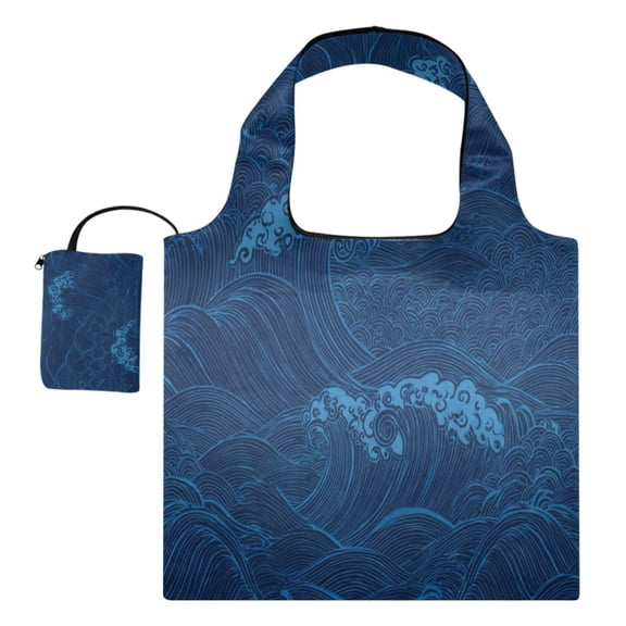 Large Capacity Print Tote Bag,Lightweight Portable Foldable Shopping Bag Water Waves in Blue