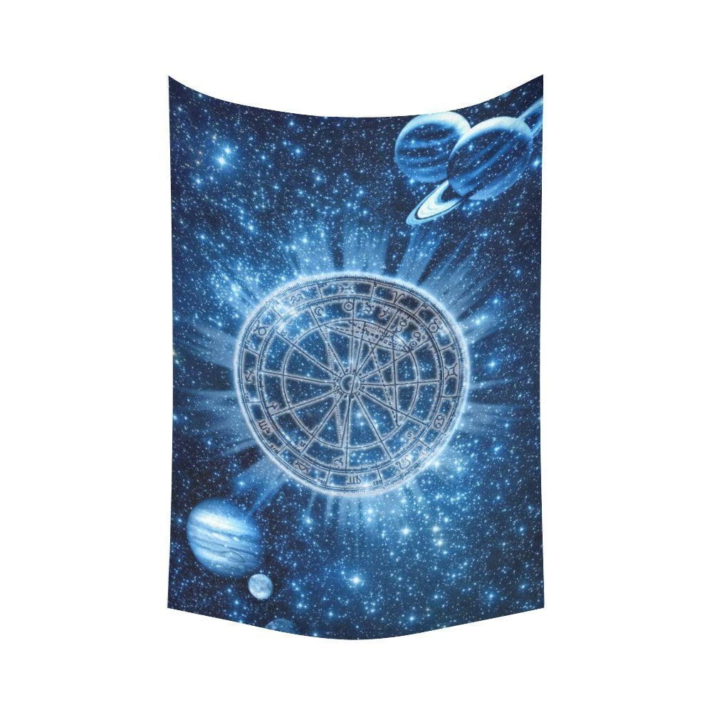 Phfzk Blue Galaxy Wall Art Home Decor Space Zodiac Wheel And Planets Tapestry Hanging 60 X 80 Inches