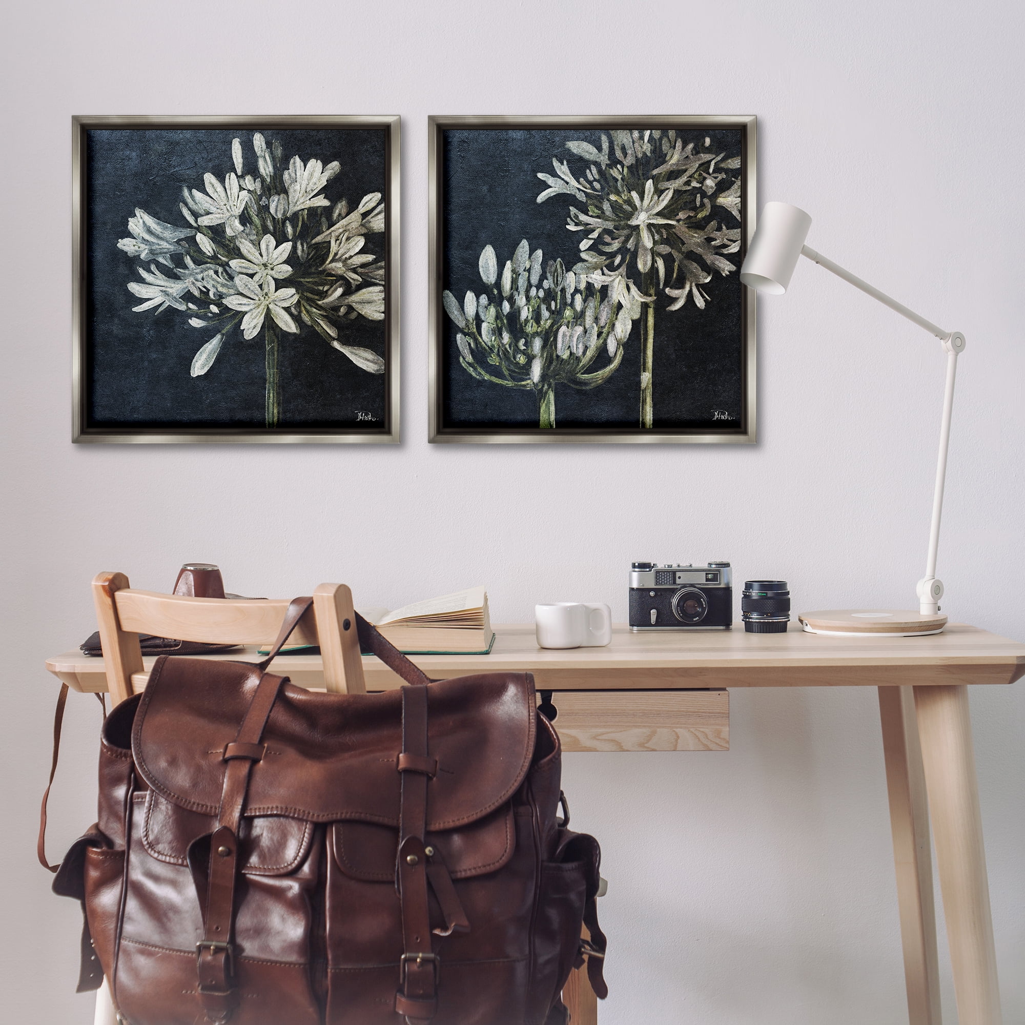 Stupell Industries Blossoming Flower Stem Plants & Flowers Painting Gray Floater Framed Canvas Art Print Wall Art, 25 x 25, Set of 2
