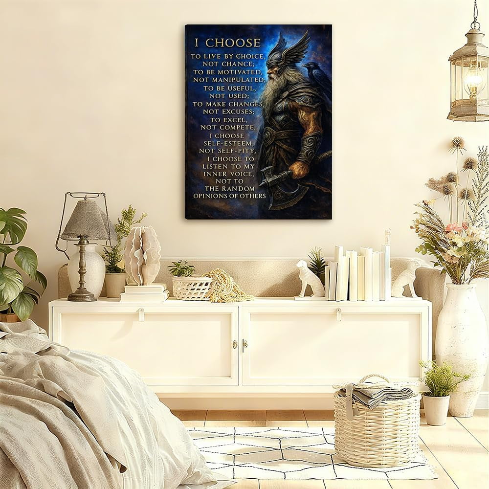 Viking Warrior Inspirational Canvas Wall Art Poster Print - I Choose to Live by Choice Motivational Quote Wall Decor for Home Office Bedroom - Ready to Hang Art