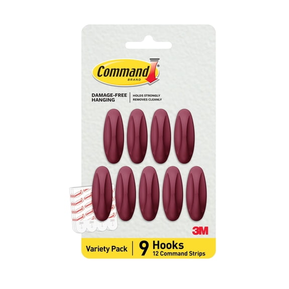 Command Medium Designer Hooks, Black Cherry, Holds 3 lbs, 9 Hooks, 12 Adhesive Strips