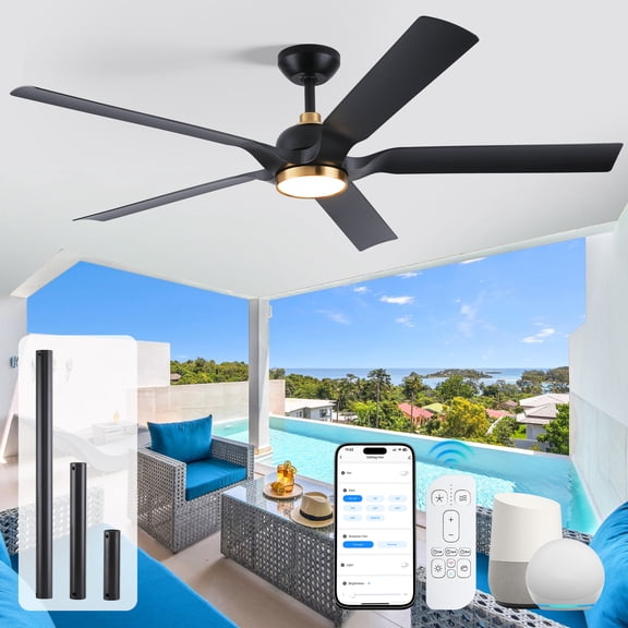 60" Waterproof Outdoor Ceiling Fans for Patios with Light and Remote Control, Modern Black Gold Alexa Smart Ceiling Fan for Indoor Outside Gazebo Garage Kitchen