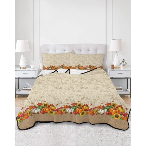 Quilts Full Size, Vintage Pumpkins Thanksgiving Soft Comforter Bedding Set for Bed, Fall Elegant Farmhouse Art Lightweight Quilted Bedspread with Pillow Cover(2 Pieces) for All Season, 78x90 Inch