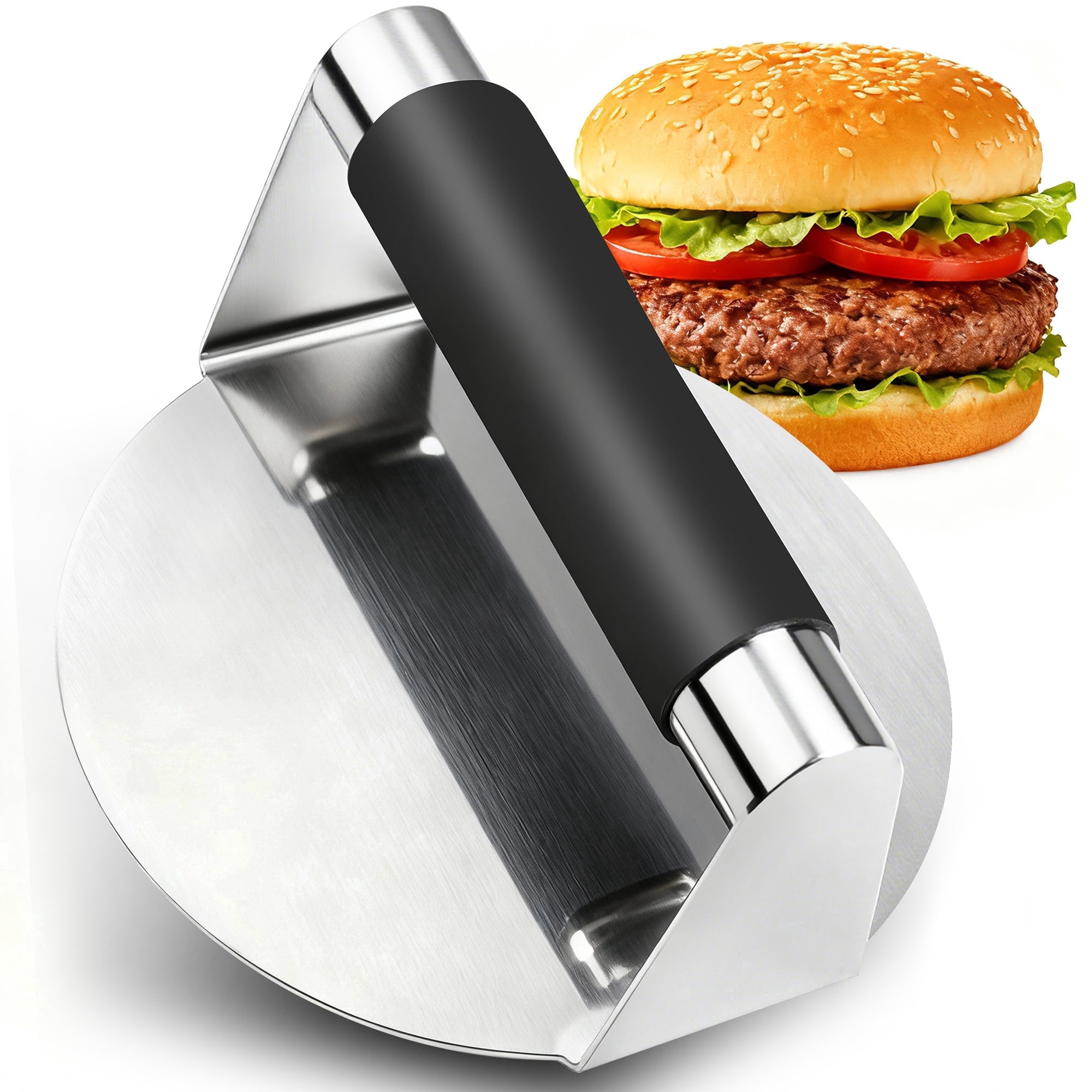 MOJINO Smash Burger Press, 5.5 Inch Round Stainless Steel Burger Smasher with Heat-Resistant Handle, Griddle Press for Kitchen Cooking, Outdoor BBQ, Summer Grilling and Grill Lovers Gift