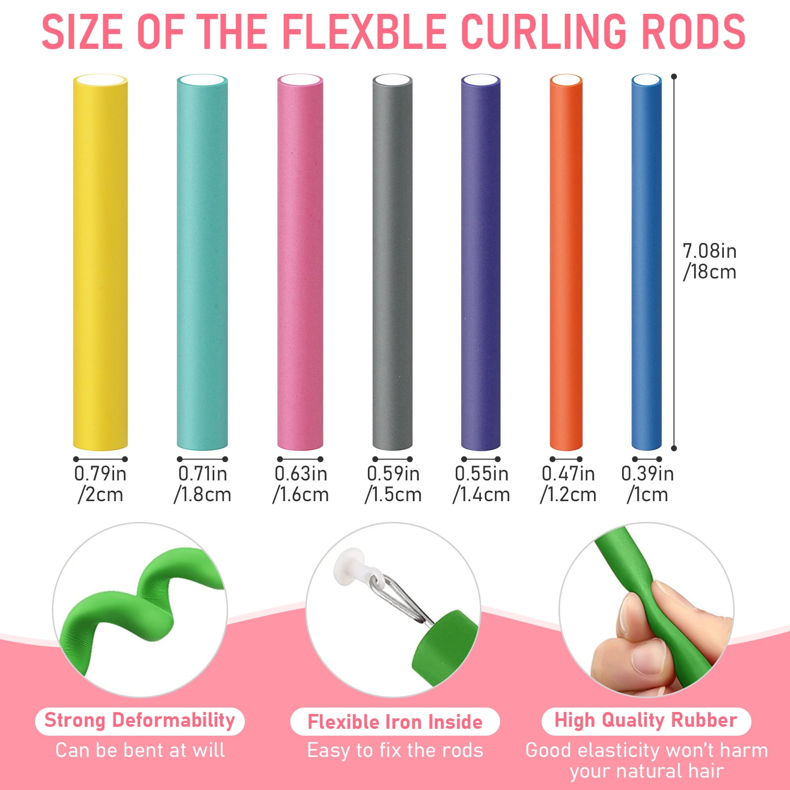 Pinkiou Heatless Curlers 42 Pack Professional Flexi Rods for Hair Hair Roller Curler Set Flexible Curl Sponge Foam Hair Rollers 7 Sizes Roller