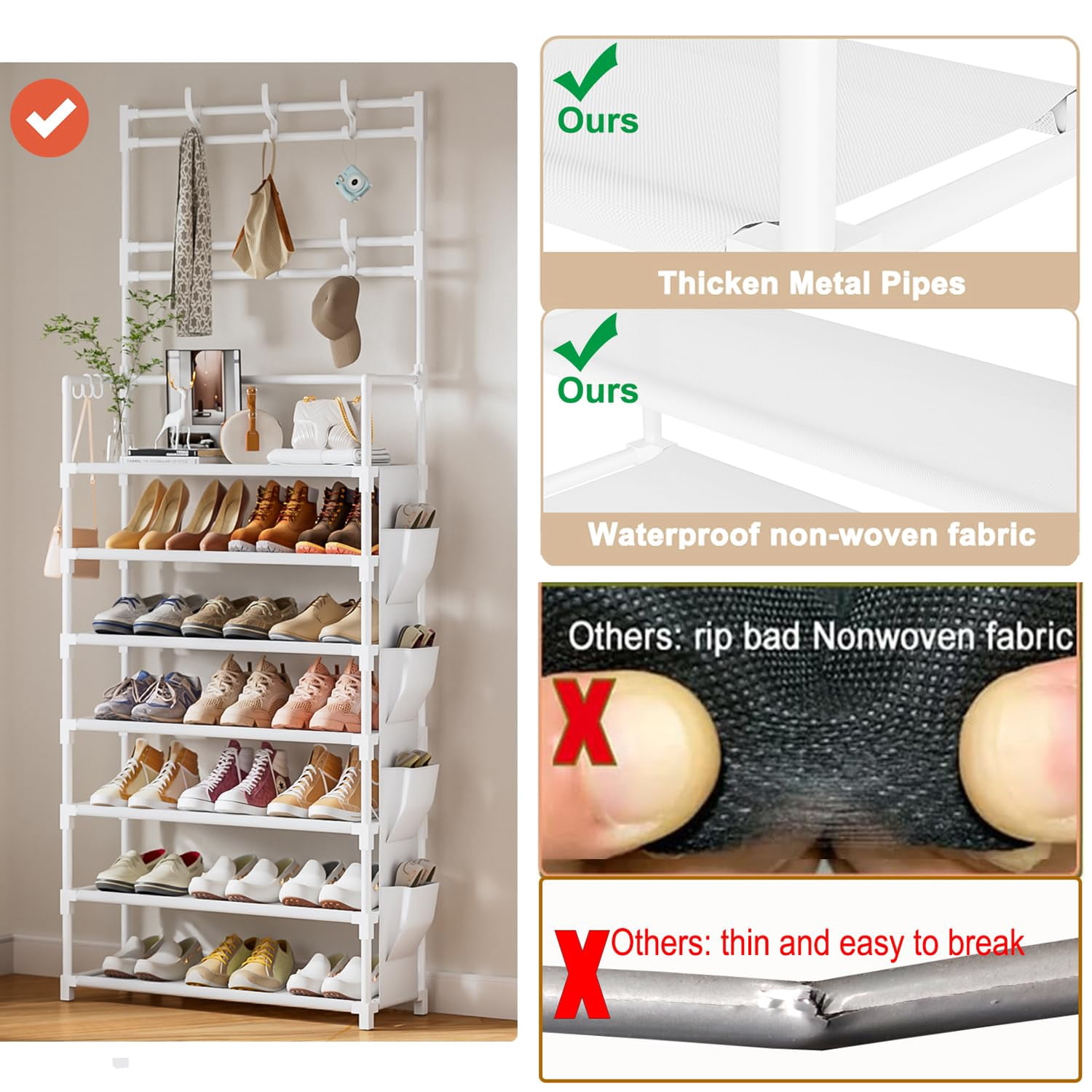 Shoe Rack 7 Tier Organizer Storage 21-28 Pairs Closet Shoes For Front Door Entrance With Hooks Side Pocket Entryway Large Capacity Shelf Tower Garage