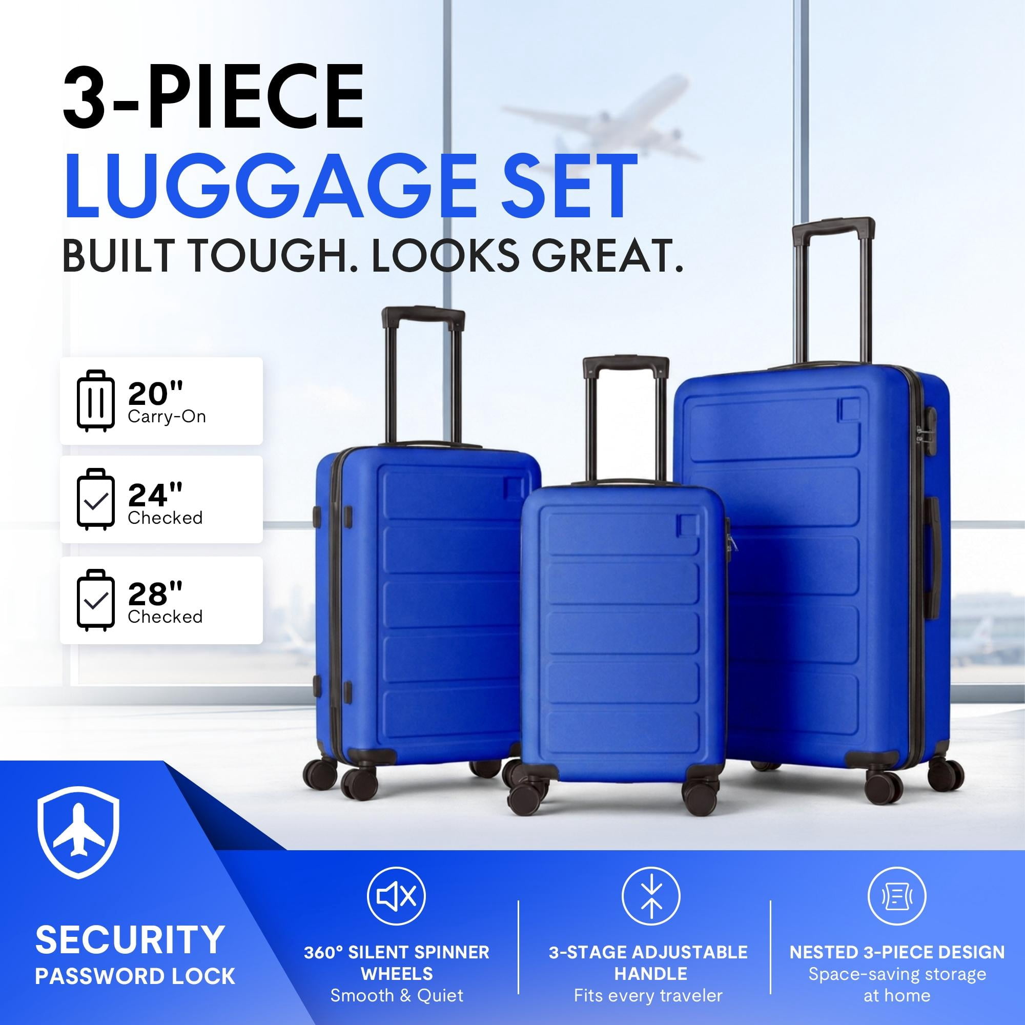 3-Piece ABS Hardshell Luggage Set, Lightweight Scratch-Resistant Suitcases with Silent Spinner Wheels & TSA Lock, Royal Blue
