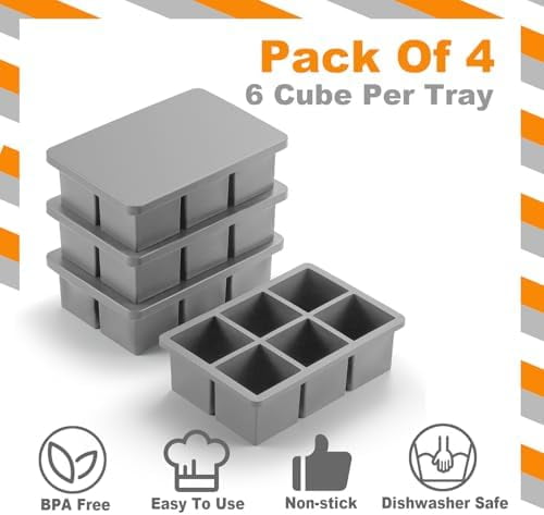 Silicone Large Ice Cube Trays with Lid Pack of 4, Stackable Big Square Ice Cube freezer Molds for Whiskey Cocktails Bourbon Soups Frozen Treats