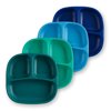 Re-Play Made in USA 4pk Toddler Feeding Divided Plates with Deep Sides for Easy Baby, Toddler, Child Feeding - Aqua, Sky Blue, Navy Blue, Teal (True Blue+)