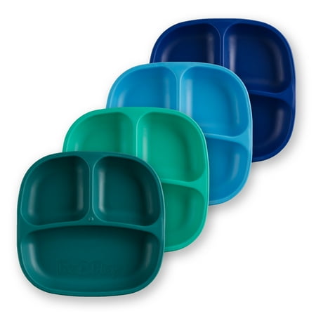 Re-Play Made in USA 4pk Toddler Feeding Divided Plates with Deep Sides for Easy Baby, Toddler, Child Feeding - Aqua, Sky Blue, Navy Blue, Teal (True Blue+)
