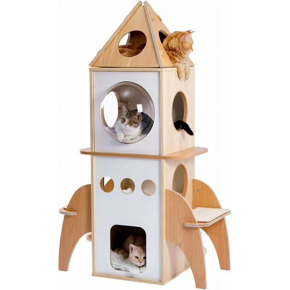 Wooden Cat Tree, 50" Modern Cat Tower with 2-Floor Condo, Cat Furniture Sisal Scratching Posts, Capsule Nest and Dangling Balls, Inspired by Sky City for Indoor Large/Big Cats