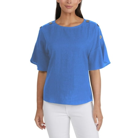 Women's Ellen Tracy Linen Dolman Sleeve Top with Button Detail Color: Blue Size: X SMALL