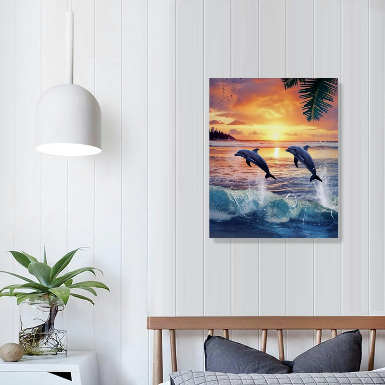 ONETECH Dolphin Bathroom Wall Art Coastal Beach Ocean Pictures Wall Decor Inhale Exhale Bathroom Palm Canvas Prints Framed Modern Painting Artwork for Bedroom Living Room Office