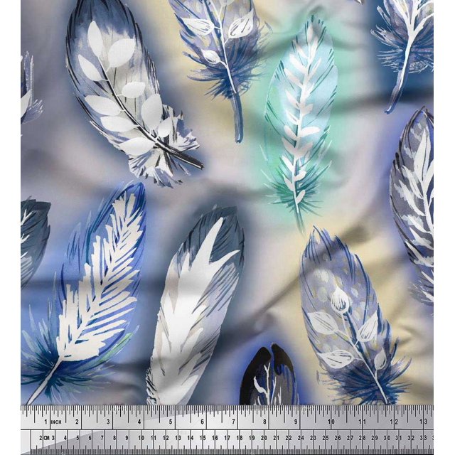 Soimoi Modal Satin Fabric Leaves & Feather Print Fabric by the Yard 42 Inch Wide