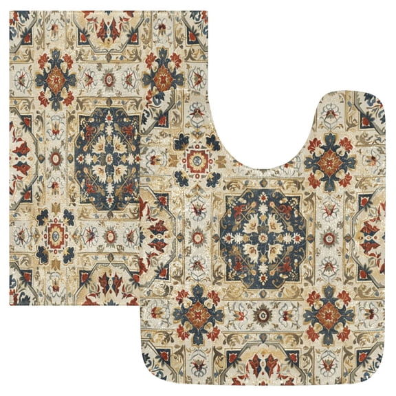 2 Piece Bath Mat Set with U-Shaped Toilet Mat and Rectangle Bath Rugs Non Slip Machine Washable Bathroom Mats Traditional Intricate Pattern
