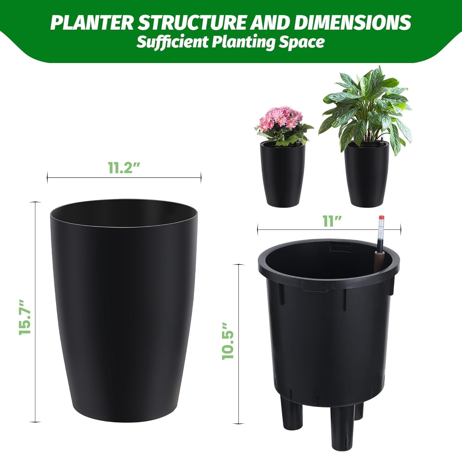 Memoryfield 16" Self-Watering Planter Set of 4 with Drainage & Water Level Indicator, Indoor Outdoor Plant Pots for Patio, Garden, Balcony, Black