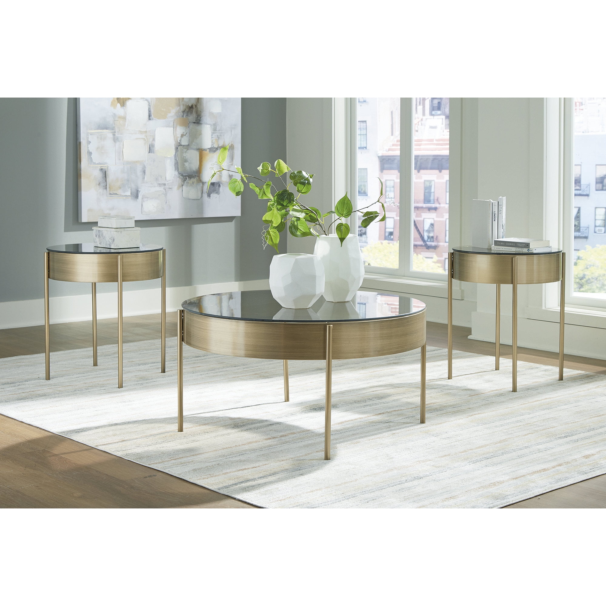 Signature Design by Ashley Jettaya 3-Piece Glass Coffee Table Set with End Tables - Brushed Brass Finish