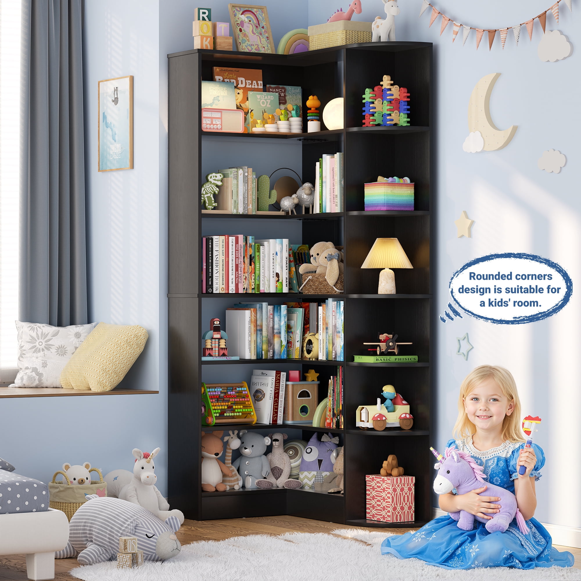 Homieasy 6-Tier Corner Bookshelf, 79'' Tall Modern L Shaped Bookcase with 13 Open Storage Shelves, Corner Storage Shelf for Home Office, Living Room, Bedroom, Black
